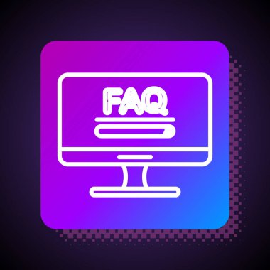 Siyah arkaplanda izole edilmiş Faq bilgi simgesi içeren beyaz çizgi bilgisayar monitörü. Sık sık sorulan sorular. Kare renk düğmesi. Vektör İllüstrasyonu