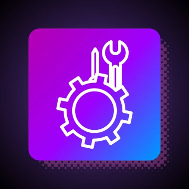 Siyah arkaplanda beyaz çizgi anahtarı ve vites simgesi olan tornavida izole edilmiş. Ayarlama, servis, ayar, bakım, onarım, onarım. Kare renk düğmesi. Vektör İllüstrasyonu