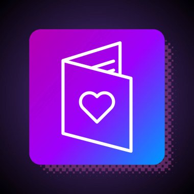 Siyah arka planda kalp ikonu olan beyaz çizgi Sevgililer Günü broşürü. Kutlama için davetiye ya da tebrik kartı şablonu. Kare renk düğmesi. Vektör İllüstrasyonu