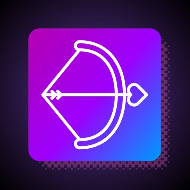 Beyaz çizgi yay ve ok simgesi siyah arkaplanda izole edildi. Aşk tanrısı sembolü. Aşk işareti. Sevgililer Günü konsepti. Kare renk düğmesi. Vektör İllüstrasyonu