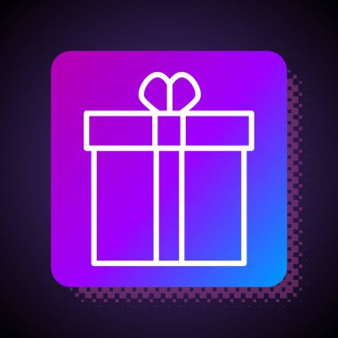 Beyaz çizgi hediye kutusu ve kalp ikonu siyah arka planda izole edilmiş. Sevgililer Günü. Kare renk düğmesi. Vektör İllüstrasyonu