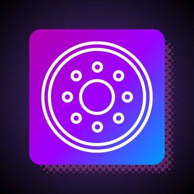 Beyaz çizgi yuvarlak tahta kalkan ikonu siyah arkaplanda izole edilmiş. Güvenlik, güvenlik, koruma, mahremiyet, koruma kavramı. Kare renk düğmesi. Vektör İllüstrasyonu