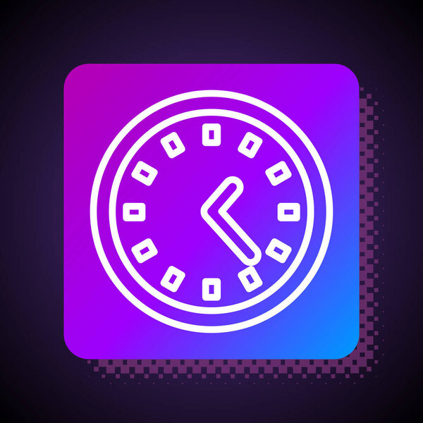 White line Clock icon isolated on black background. Time symbol. Square color button. Vector Illustration