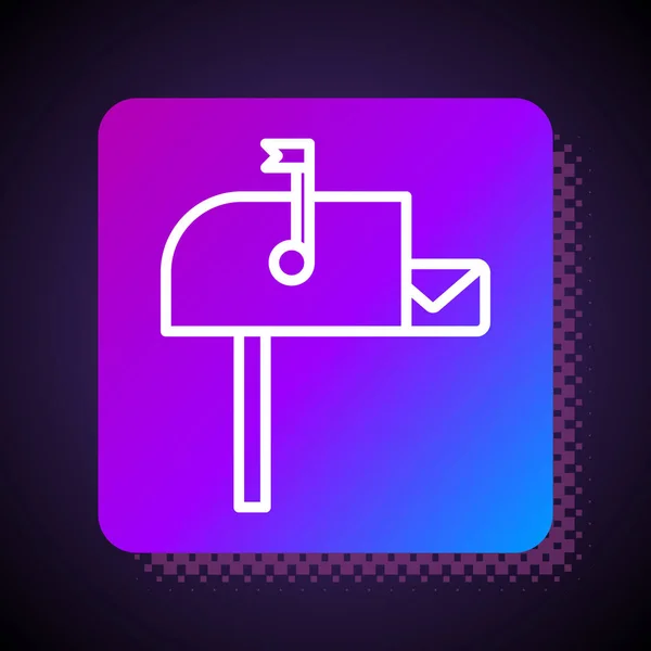 White line Open mail box icon isolated on black background. Mailbox icon. Mail postbox on pole with flag. Square color button. Vector Illustration — 스톡 벡터