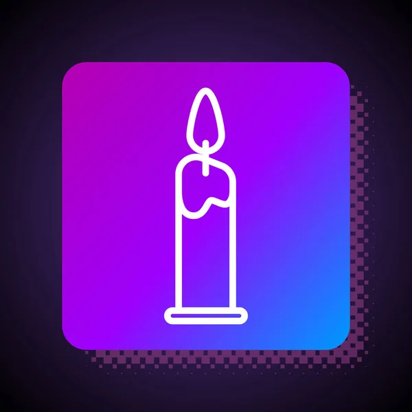 White line Burning candle in candlestick icon isolated on black background. Cylindrical candle stick with burning flame. Square color button. Vector Illustration — Stock Vector