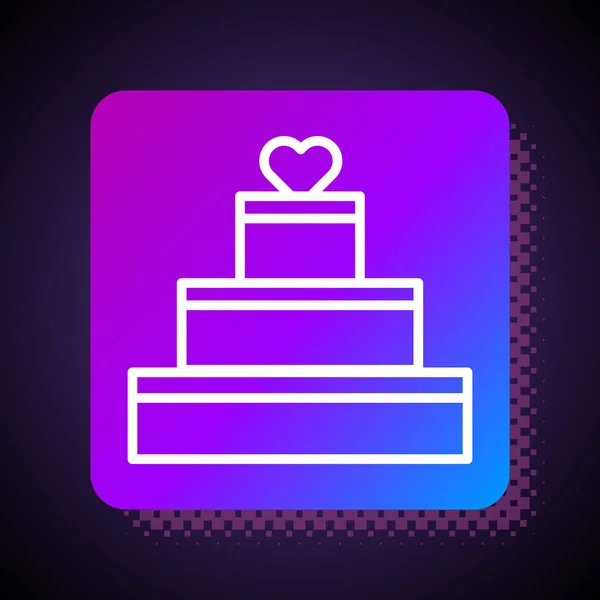 Siyah arka planda kalp ikonu olan beyaz çizgi düğün pastası. Sevgililer Günü sembolü. Kare renk düğmesi. Vektör İllüstrasyonu — Stok Vektör