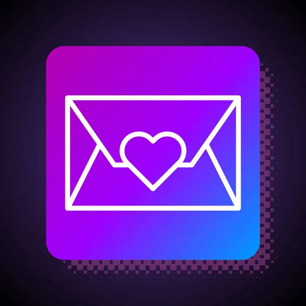 White line Envelope with Valentine heart icon isolated on black background. Message love. Letter love and romance. Square color button. Vector Illustration — 스톡 벡터