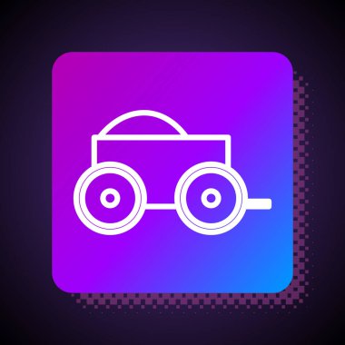 Siyah arka planda saman ikonu olan beyaz çizgi ahşap dört tekerlekli araba. Kare renk düğmesi. Vektör İllüstrasyonu