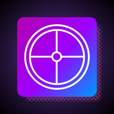 Beyaz çizgi yuvarlak tahta kalkan ikonu siyah arkaplanda izole edilmiş. Güvenlik, güvenlik, koruma, mahremiyet, koruma kavramı. Kare renk düğmesi. Vektör İllüstrasyonu