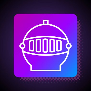 Beyaz çizgi Ortaçağ demir miğferi siyah arka planda izole edilmiş kafa koruma ikonu. Kare renk düğmesi. Vektör İllüstrasyonu