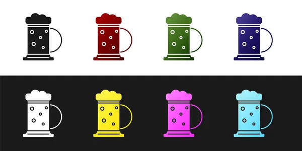 Set Icono de taza de cerveza de madera aislado sobre fondo blanco y negro. Ilustración vectorial — Vector de stock