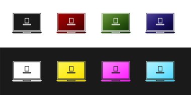 Laptop simgesini siyah beyaz arkaplanda izole et. Boş ekran işaretli bilgisayar defteri. Vektör İllüstrasyonu