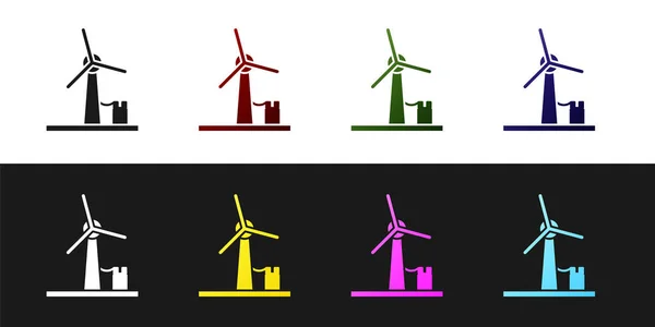Defina o ícone da turbina eólica isolado no fundo preto e branco. Sinal do gerador de vento. Moinho de vento para produção de energia elétrica. Ilustração vetorial — Vetor de Stock