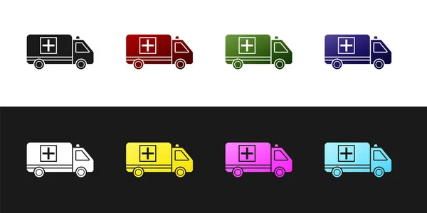 Set Ambulance and emergency car icon isolated on black and white background. Ambulance vehicle medical evacuation. Vector Illustration — 스톡 벡터