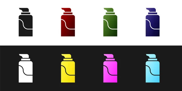 Set Crema o loción icono de tubo cosmético aislado sobre fondo blanco y negro. Productos para el cuidado del cuerpo para hombres. Ilustración vectorial — Vector de stock