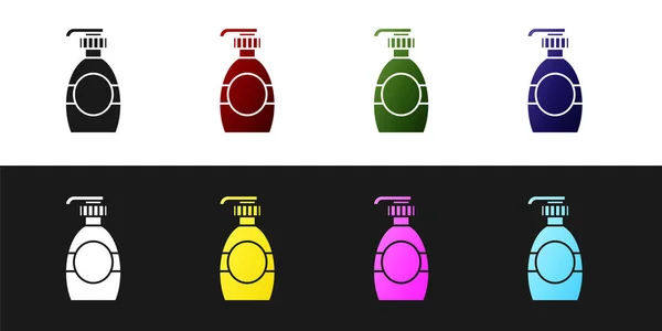 Set Flasche flüssige antibakterielle Seife mit Spendersymbol isoliert auf schwarzem und weißem Hintergrund. Desinfektion, Hygiene, Hautpflegekonzept. Vektorillustration — Stockvektor