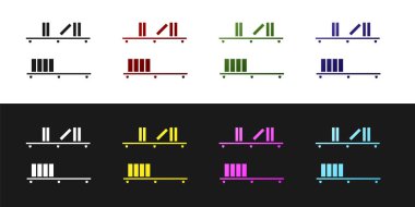 Rafı kitap simgesiyle siyah ve beyaz arkaplanda izole et. Raflar işaretli. Vektör İllüstrasyonu