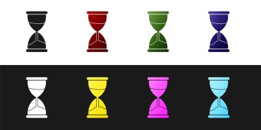 Eski kum saatini siyah beyaz arkaplanda izole edilmiş kum ikonu ile ayarla. Kum saati işareti. İş ve zaman yönetimi kavramı. Vektör İllüstrasyonu