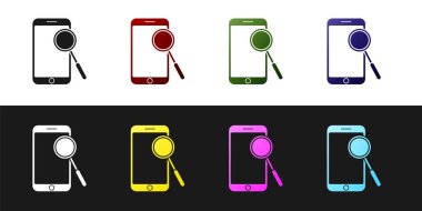 Cep telefonu tanılama simgesini siyah beyaz arkaplanda izole et. Uygulama, servis, ayar seçenekleri, bakım, onarım, onarım. Vektör İllüstrasyonu