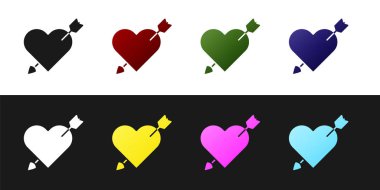 Siyah ve beyaz arkaplanda kalp ve ok simgesini belirle. Aşk işareti. Sevgililer Günü sembolü. Vektör İllüstrasyonu