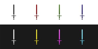 Ortaçağ kılıç simgesini siyah beyaz arkaplanda izole et. Ortaçağ silahı. Vektör İllüstrasyonu