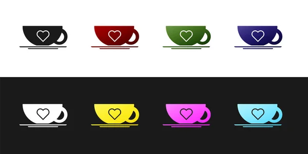 Set šálek kávy a srdce ikona izolované na černobílém pozadí. Pár kávy pro milence na Valentýna. Vektorová ilustrace — Stockový vektor