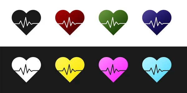 Set Icono de frecuencia cardíaca aislado sobre fondo blanco y negro. Signo de latido. Icono de pulso. Icono del cardiograma. Ilustración vectorial — Vector de stock