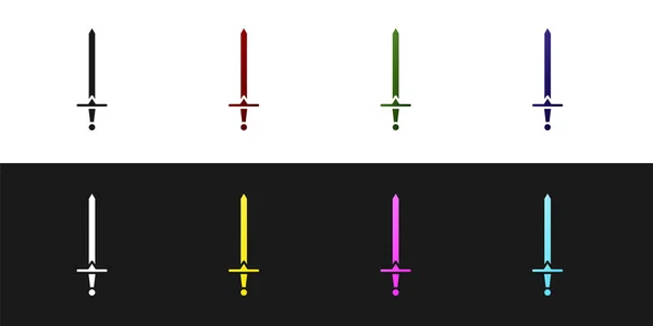 Mittelalterliches Schwertsymbol isoliert auf schwarzem und weißem Hintergrund. Mittelalterliche Waffe. Vektorillustration — Stockvektor