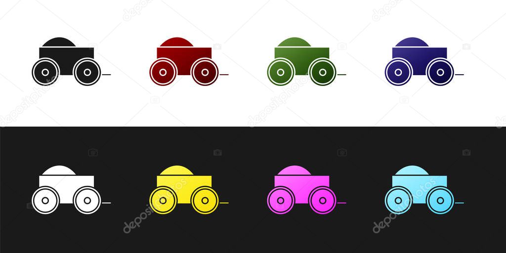 Set Wooden four-wheel cart with hay icon isolated on black and white background. Vector Illustration