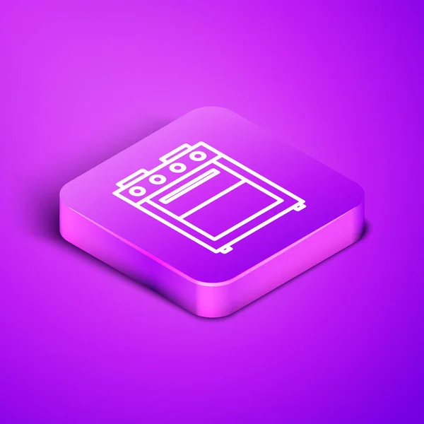 Isometric line Oven icon isolated on purple background. Stove gas oven sign. Purple square button. Vector Illustration — 스톡 벡터