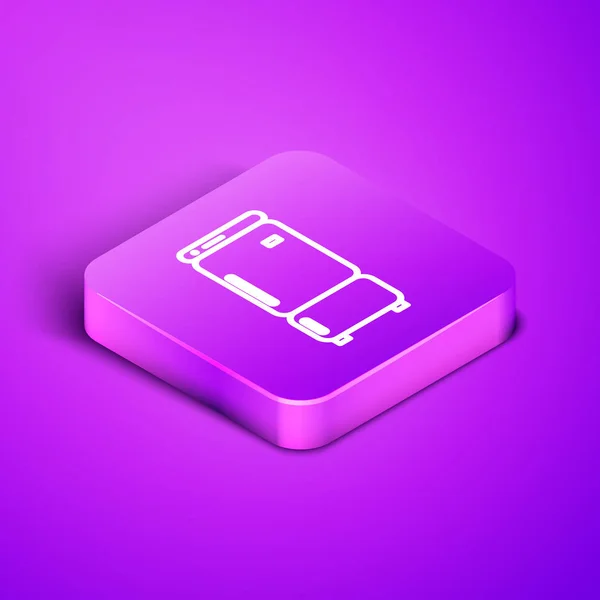 Isometric line Refrigerator icon isolated on purple background. Fridge freezer refrigerator. Household tech and appliances. Purple square button. Vector Illustration — 스톡 벡터