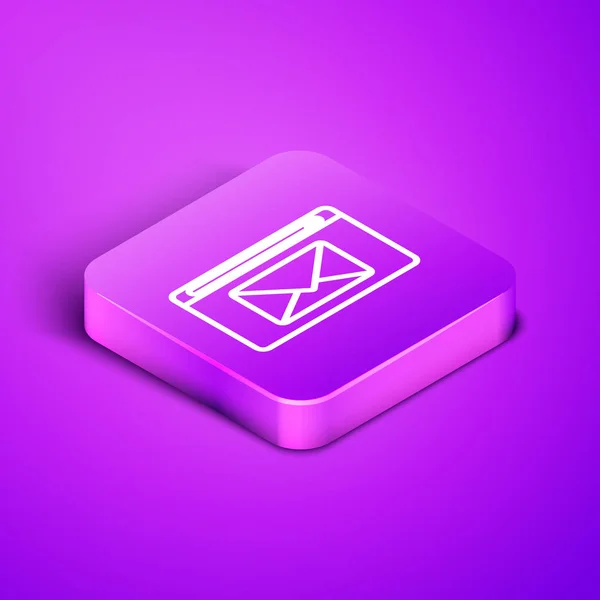 Linha isométrica Ícone de correio e e-mail isolado em fundo roxo. Envelope símbolo e-mail. E-mail sinal de mensagem. Botão quadrado roxo. Ilustração vetorial — Vetor de Stock