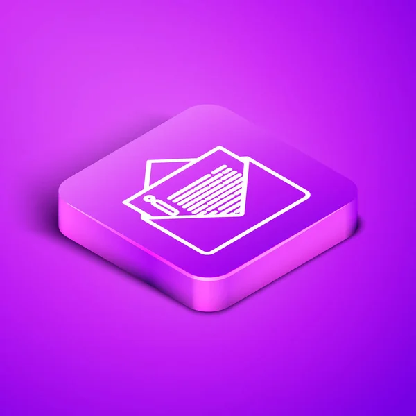 Isometric line Envelope icon isolated on purple background. Email message letter symbol. Purple square button. Vector Illustration — 스톡 벡터