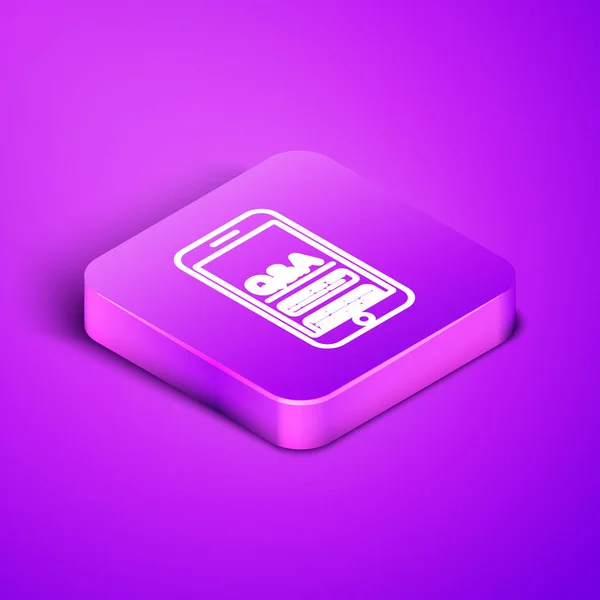 Isometric line Mobile phone with Question and Exclamation icon isolated on purple background. Frequently asked questions. Purple square button. Vector Illustration — 스톡 벡터