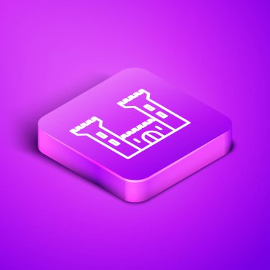 Castle simgesi mor arkaplanda izole edilmiş. Kale işareti. Mor kare düğme. Vektör İllüstrasyonu