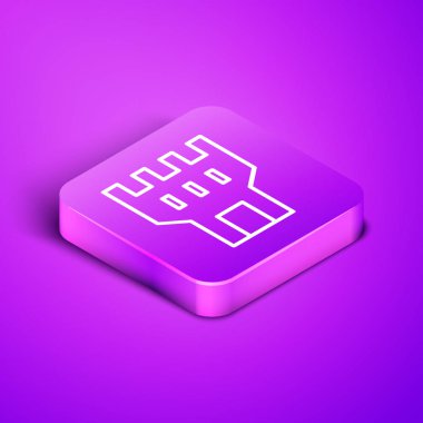 Mor arka planda Isometric Line Castle ikonu var. Kale işareti. Mor kare düğme. Vektör İllüstrasyonu