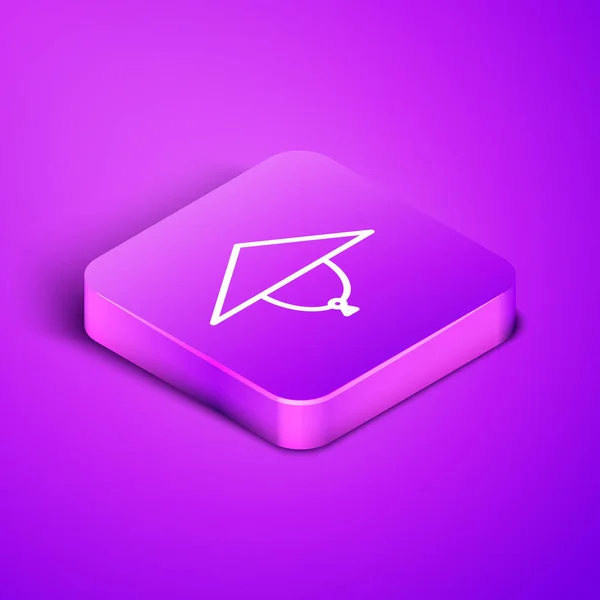Isometric line Asian conical hat icon isolated on purple background. Chinese conical straw hat. Purple square button. Vector Illustration — 스톡 벡터