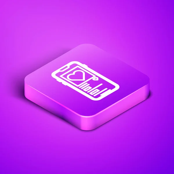 Isometric line Mobile phone with heart icon isolated on purple background. Valentines day. Purple square button. Vector Illustration — 스톡 벡터