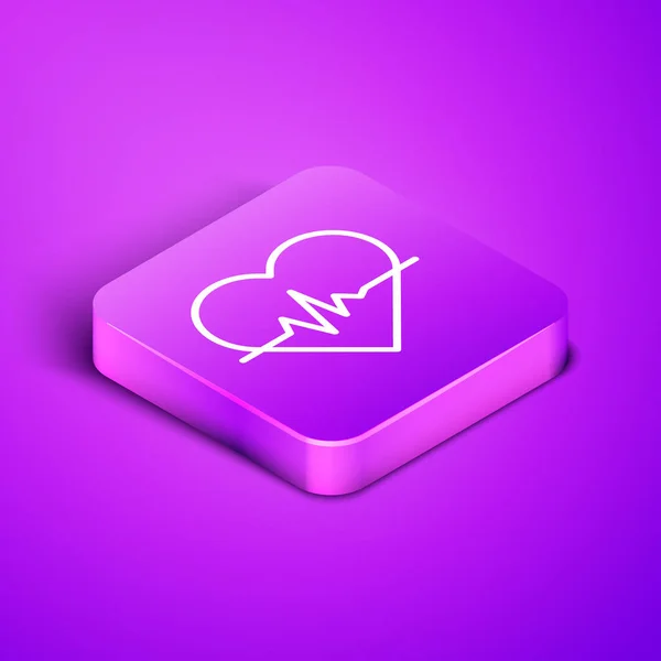 Isometric line Heart rate icon isolated on purple background. Heartbeat sign. Heart pulse icon. Cardiogram icon. Purple square button. Vector Illustration — Stock Vector