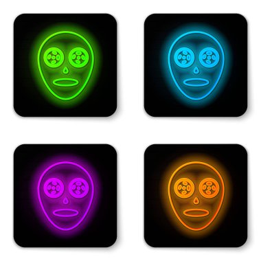 Parlayan neon çizgisi. Beyaz arkaplanda yüz maskesi simgesi izole edilmiş. Kozmetoloji, ilaç ve sağlık hizmetleri. Siyah kare düğme. Vektör İllüstrasyonu