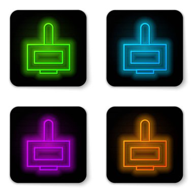 Parlayan neon hattı oje şişesi ikonu beyaz arka planda izole edilmiş. Siyah kare düğme. Vektör İllüstrasyonu