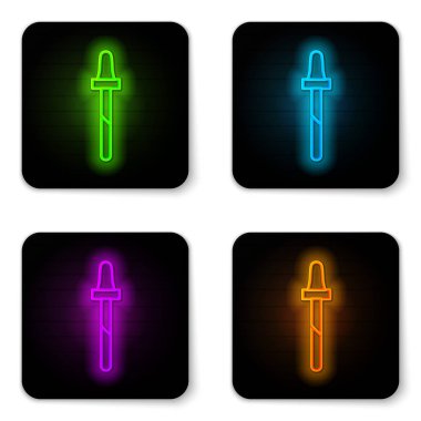 Parlayan neon hattı Pipette simgesi beyaz arkaplanda izole edildi. Tıbbi, kozmetik, kimya laboratuvarı ekipmanları. Siyah kare düğme. Vektör İllüstrasyonu