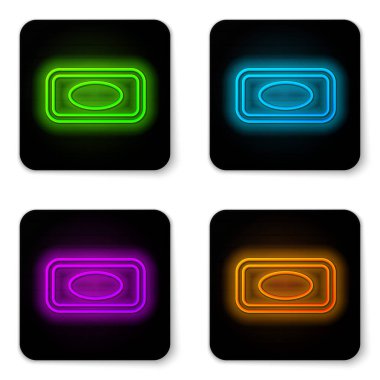 Beyaz arkaplanda izole edilmiş köpük ikonlu parlak neon çizgi sabun çubuğu. Köpüklü sabun çubuğu. Siyah kare düğme. Vektör İllüstrasyonu