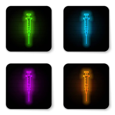 Parlayan neon çizgisi şırınga simgesi beyaz arkaplanda izole edildi. Aşı için şırınga, aşı, iğne, grip aşısı. Tıbbi ekipman. Siyah kare düğme. Vektör İllüstrasyonu