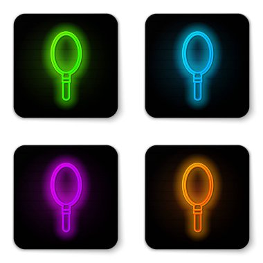 Parlayan neon çizgisi. El aynası simgesi beyaz arkaplanda izole edilmiş. Siyah kare düğme. Vektör İllüstrasyonu
