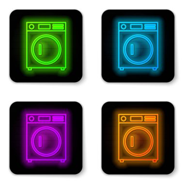 Parlayan neon hattı çamaşır makinesi simgesi beyaz arkaplanda izole edildi. Çamaşır makinesi simgesi. Çamaşır makinesi, çamaşır makinesi. Ev aletleri sembolü. Siyah kare düğme. Vektör İllüstrasyonu
