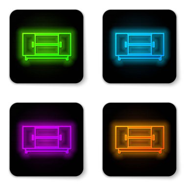 Parlayan neon hattı televizyon masası simgesi beyaz arkaplanda izole edildi. Siyah kare düğme. Vektör İllüstrasyonu