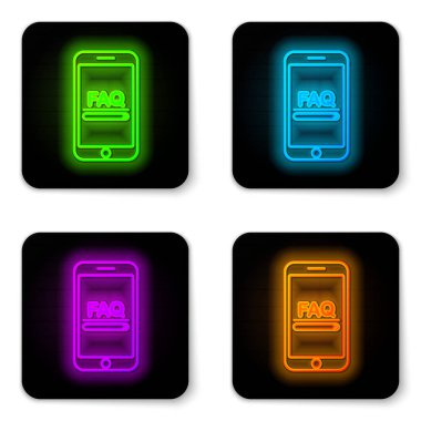 Beyaz arkaplanda izole edilmiş Faq bilgi simgesiyle parlayan neon hattı cep telefonu. Sık sık sorulan sorular. Siyah kare düğme. Vektör İllüstrasyonu