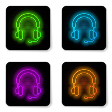 Parlayan neon hattı kulaklık simgesi beyaz arkaplanda izole edildi. Kulaklıklar. Müzik, hizmet, iletişim ve operatör konsepti. Siyah kare düğme. Vektör İllüstrasyonu