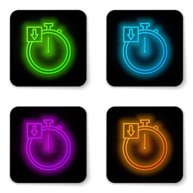 Parlayan neon hattı Stopwatch simgesi beyaz arkaplanda izole edildi. Zaman göstergesi. Kronometre. Siyah kare düğme. Vektör İllüstrasyonu